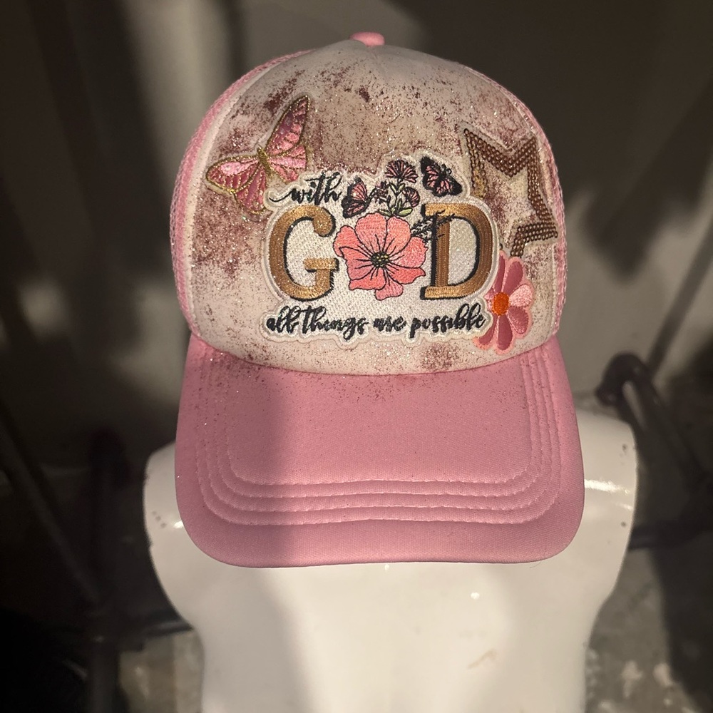 Pink Patched Cap with God, The Floral and Butterfly Design
